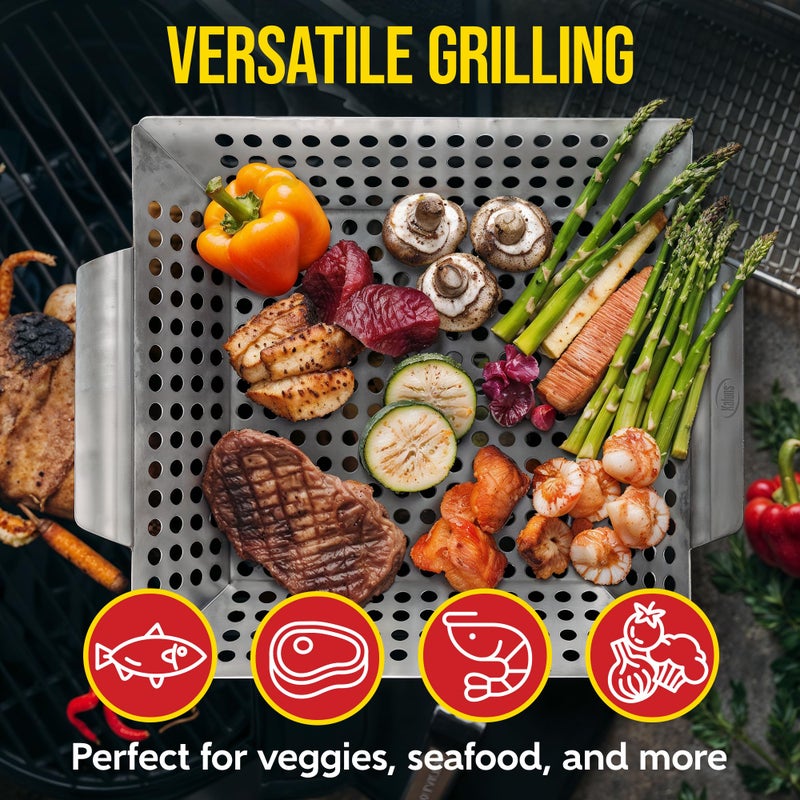 Kaluns Heavy Duty Stainless Steel Vegetable Grill Basket, Rectangular, Silver, Dishwasher Safe Grills and Vegetables - Image 3